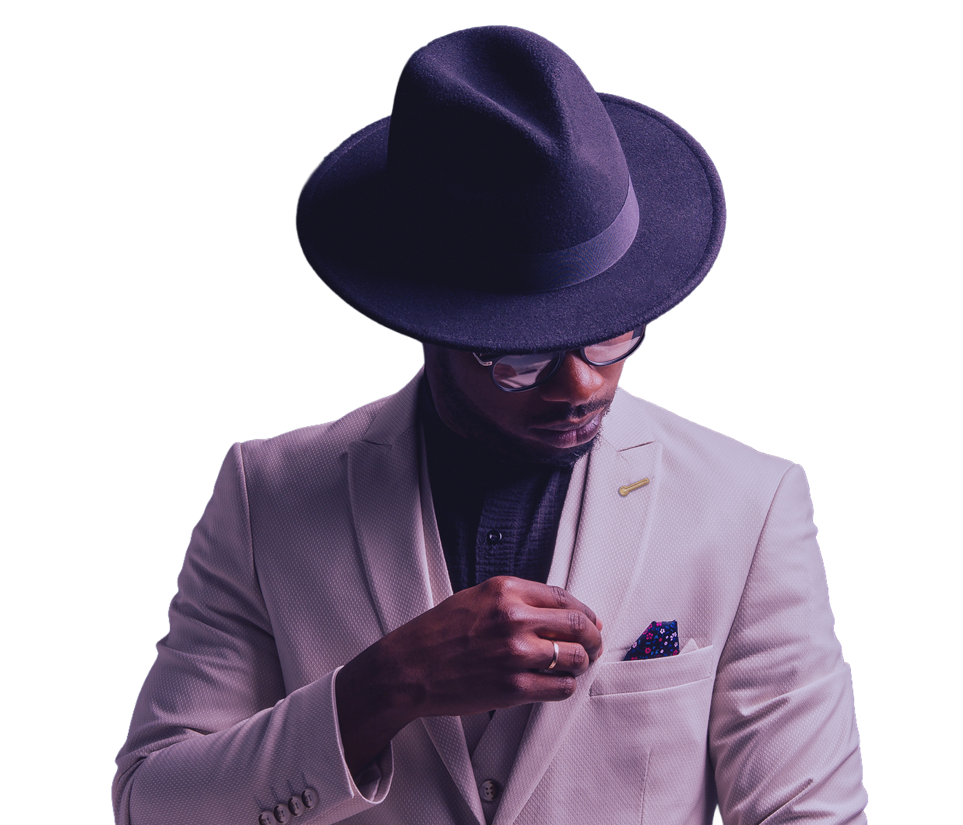 Man in suit wearing Jacket Pop lapel pin